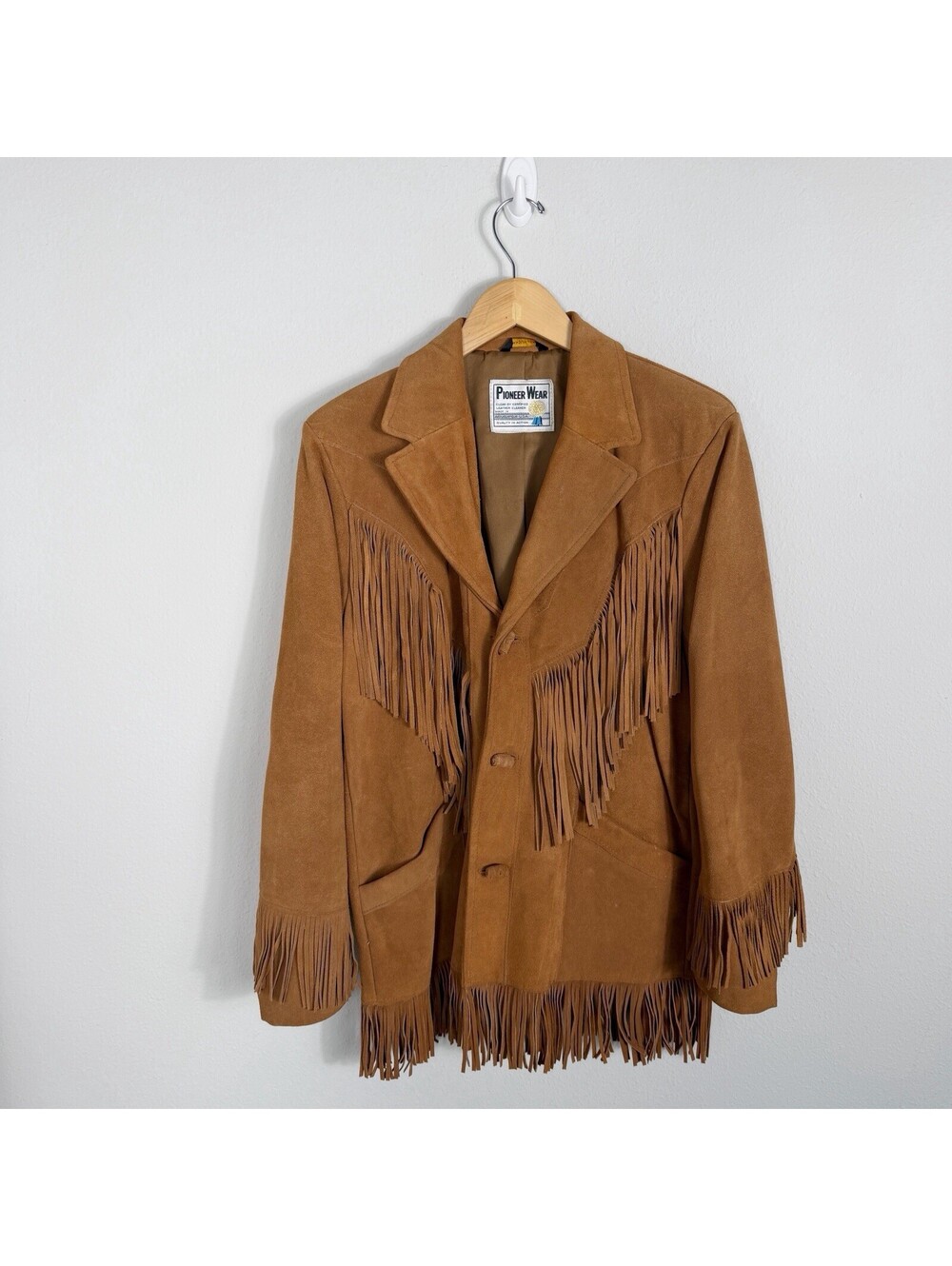 Vintage Pioneer Wear Western Fringe Leather Suede Jacket Brown Size 38